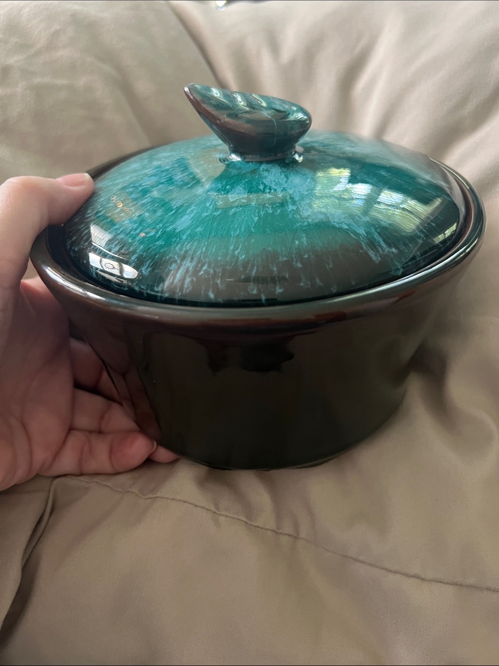 Vintage Blue Mountain Pottery Lidded Casserole Dish Green Drip Glaze MCM